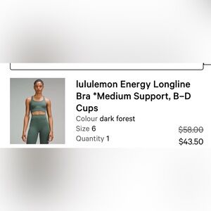 lululemon athletica Energy Longline Bra in Dark Forest size 6